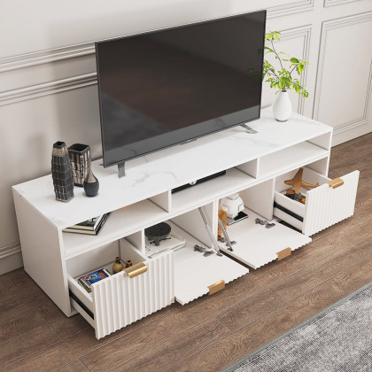 HMR - 56.6 Inch TV Stand White Corner Media Console Fluted with 2 Drawers & 5 Shelves