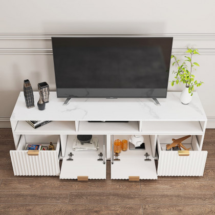 HMR - 56.6 Inch TV Stand White Corner Media Console Fluted with 2 Drawers & 5 Shelves