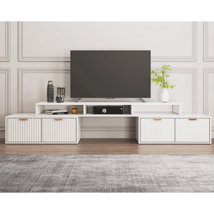 HMR - 56.6 Inch TV Stand White Corner Media Console Fluted with 2 Drawers & 5 Shelves
