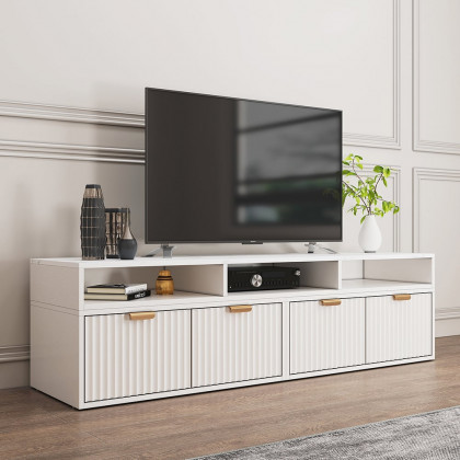 HMR - 56.6 Inch TV Stand White Corner Media Console Fluted with 2 Drawers & 5 Shelves