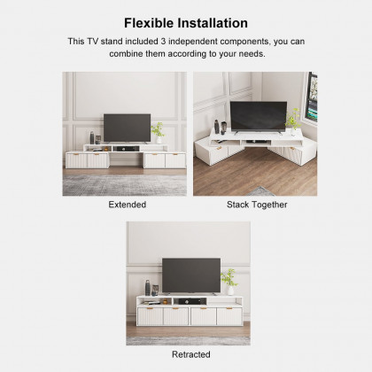 HMR - 56.6 Inch TV Stand White Corner Media Console Fluted with 2 Drawers & 5 Shelves