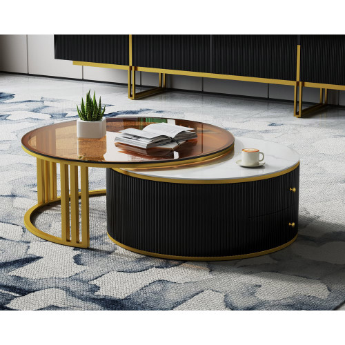HMR - Grovyn Round Sintered Stone Glass Nesting Coffee Table Set (28"-32")