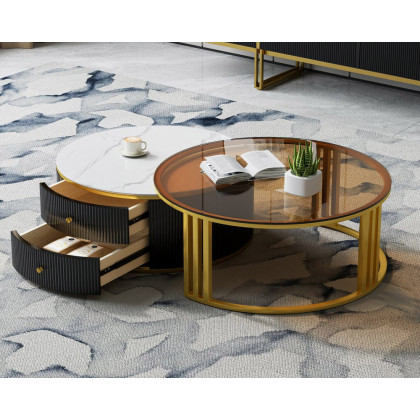 HMR Grovyn Round Sintered Stone Glass Nesting Coffee Table Set (28"-32") - Black