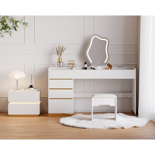 HMR LED Mirror Makeup Vanity Set with 2 Smart Nightstands - White, 2 Drawers