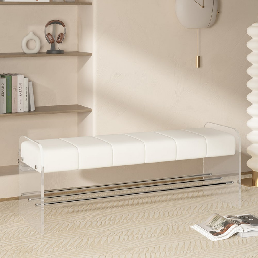 HMR - Velvet Upholstered Acrylic Entryway Bench Modern Line Bench in White Finish