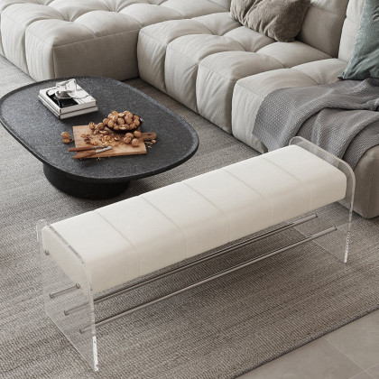 HMR - Velvet Upholstered Acrylic Entryway Bench Modern Line Bench in White Finish