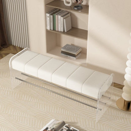 HMR - Velvet Upholstered Acrylic Entryway Bench Modern Line Bench in White Finish