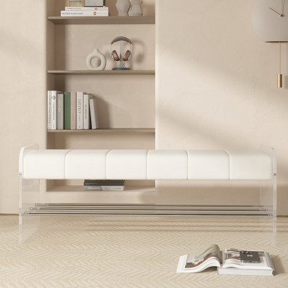 HMR - Velvet Upholstered Acrylic Entryway Bench Modern Line Bench in White Finish