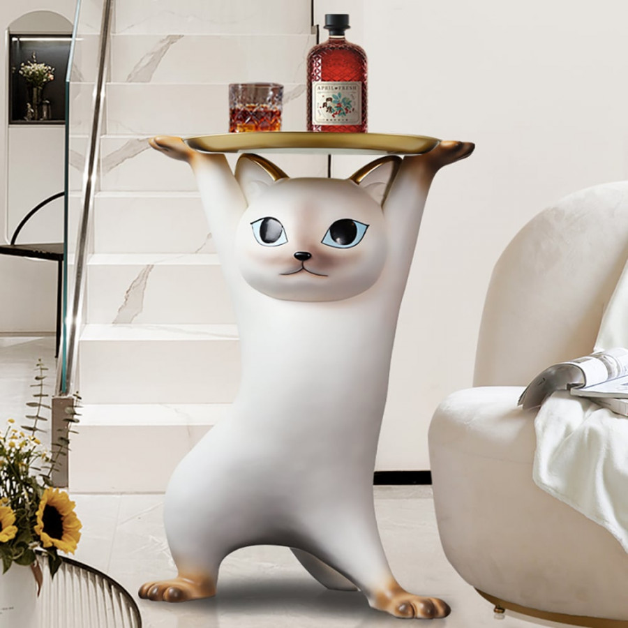 HMR - Cat Deco Resin Figurine Side Table with Tray Top