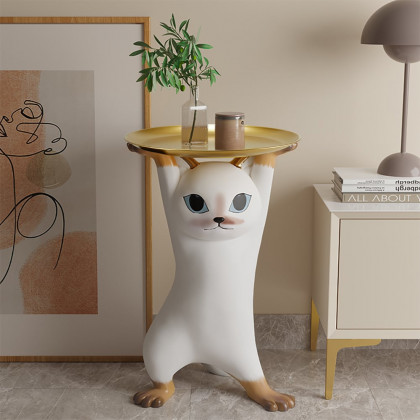 HMR - Cat Deco Resin Figurine Side Table with Tray Top