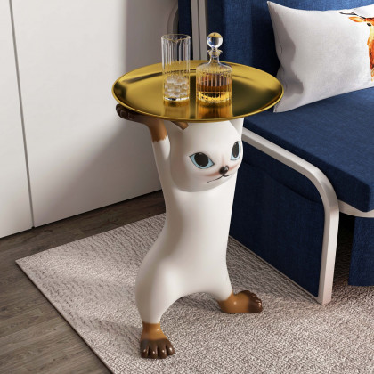 HMR - Cat Deco Resin Figurine Side Table with Tray Top