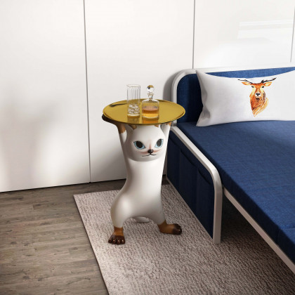 HMR - Cat Deco Resin Figurine Side Table with Tray Top