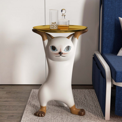 HMR - Cat Deco Resin Figurine Side Table with Tray Top