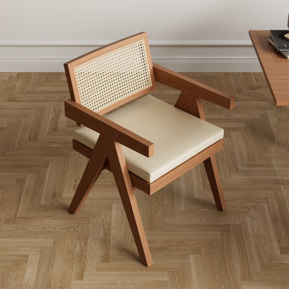 HMR Archic Japandi Bleached Wood Rattan Dining Chair with Solid Wood Frame - Walnut, With Upholstery, 2-Pieces