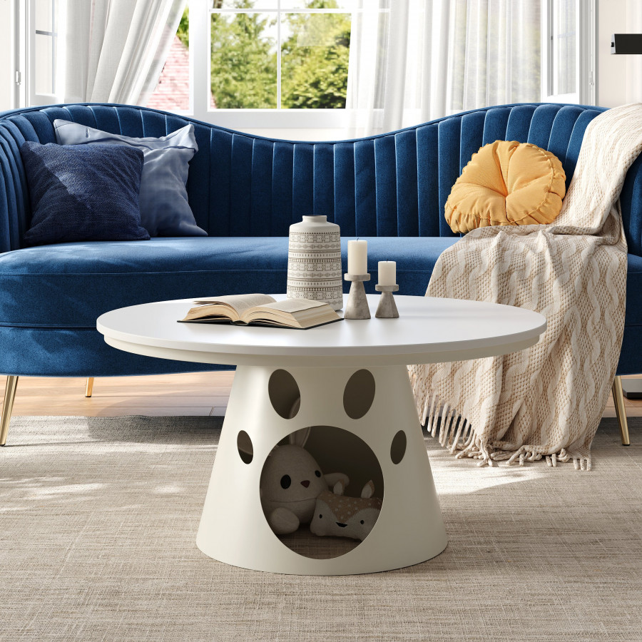 HMR - 31.5" Round Stone Top Coffee Table with Cat House