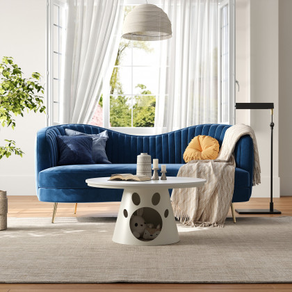 HMR - 31.5" Round Stone Top Coffee Table with Cat House