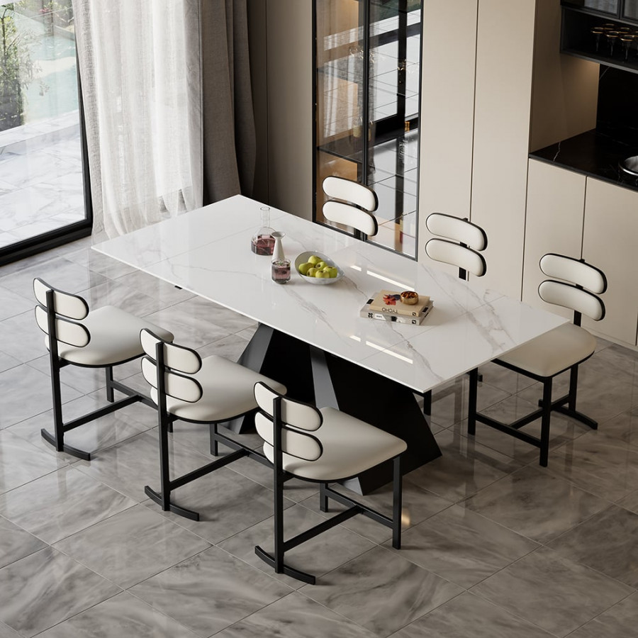 HMR Modern Wood Dining Chairs with PU Leather - White, Faux Leather, 6-Pieces