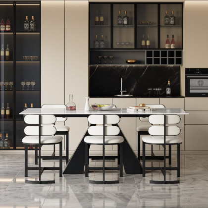 HMR Modern Wood Dining Chairs with PU Leather - White, Faux Leather, 6-Pieces