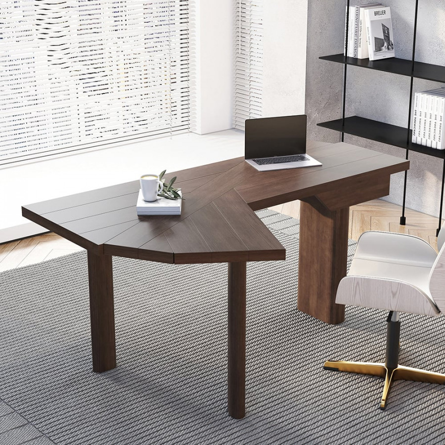 HMR - 60" Japandi Walnut L-Shape Writing Desk with 1 Drawer Wood Corner Desk Irregular Top