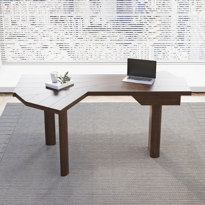 HMR - 60" Japandi Walnut L-Shape Writing Desk with 1 Drawer Wood Corner Desk Irregular Top
