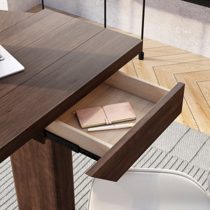 HMR - 60" Japandi Walnut L-Shape Writing Desk with 1 Drawer Wood Corner Desk Irregular Top