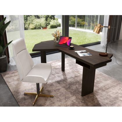HMR - 60" Japandi Walnut L-Shape Writing Desk with 1 Drawer Wood Corner Desk Irregular Top
