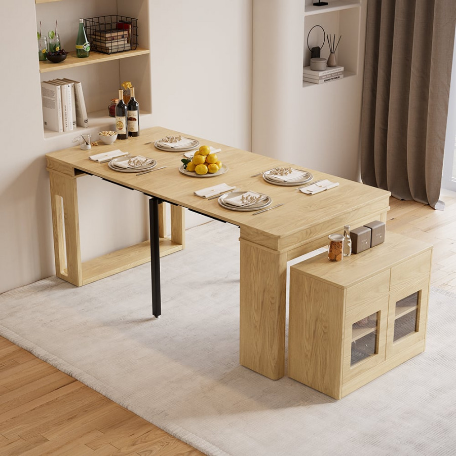 HMR 70.9" Rectangle Folding Wood Dining Table with Sideboard (Seats 2-4 People) - Natural