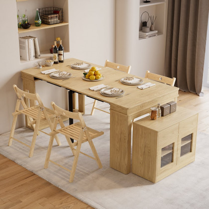 HMR 70.9" Rectangle Folding Wood Dining Table with Sideboard (Seats 2-4 People) - Natural