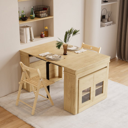 HMR 70.9" Rectangle Folding Wood Dining Table with Sideboard (Seats 2-4 People) - Natural