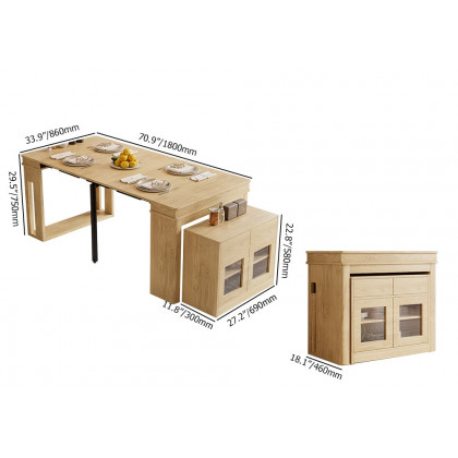 HMR 70.9" Rectangle Folding Wood Dining Table with Sideboard (Seats 2-4 People) - Natural