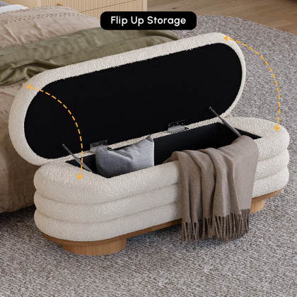 HMR - 53"W Modern White Bedroom Storage Bench Boucle Upholstery with Wood Legs