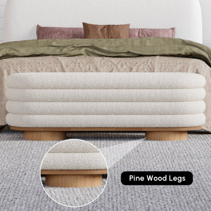HMR - 53"W Modern White Bedroom Storage Bench Boucle Upholstery with Wood Legs