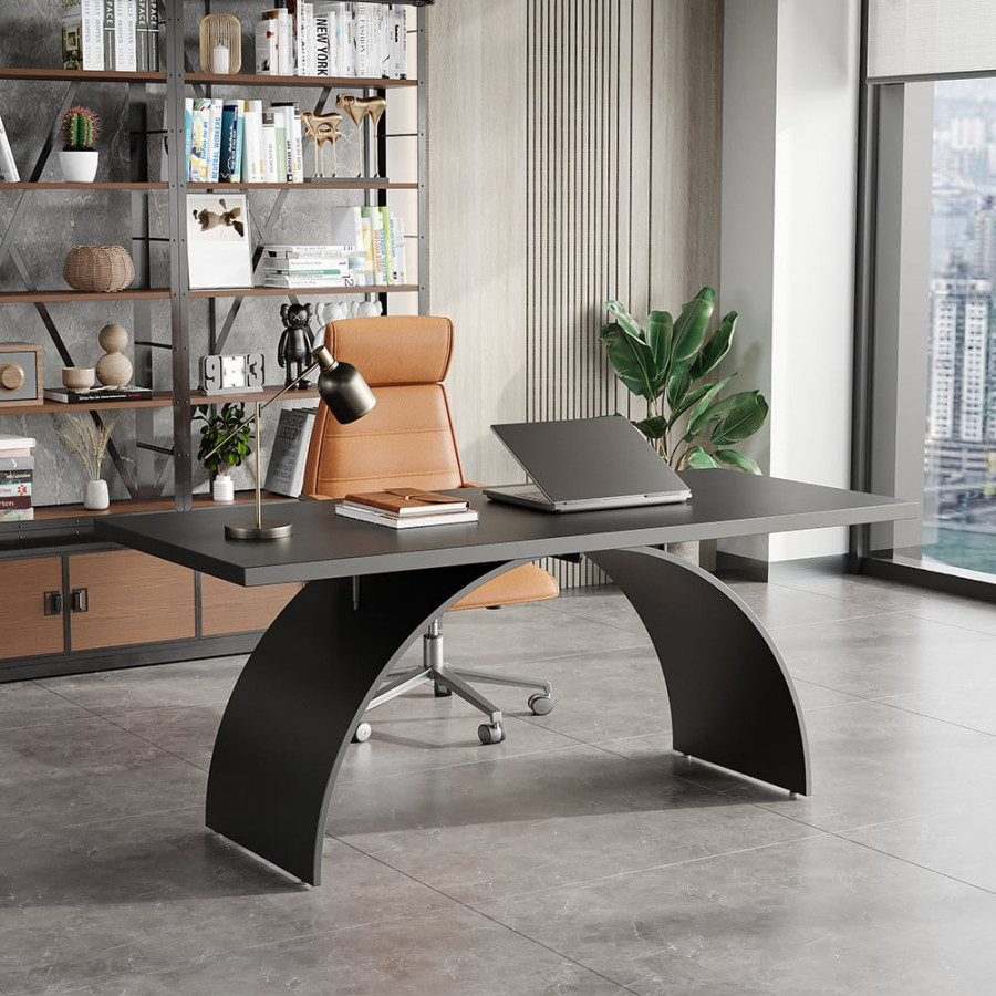 HMR Modern Industrial Rectangular Wood Metal Base Office Desk - Black, 70.9"