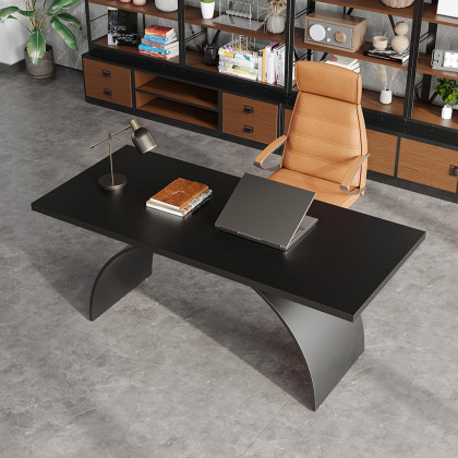 HMR Modern Industrial Rectangular Wood Metal Base Office Desk - Black, 70.9"