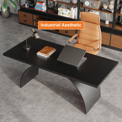 HMR Modern Industrial Rectangular Wood Metal Base Office Desk - Black, 70.9"