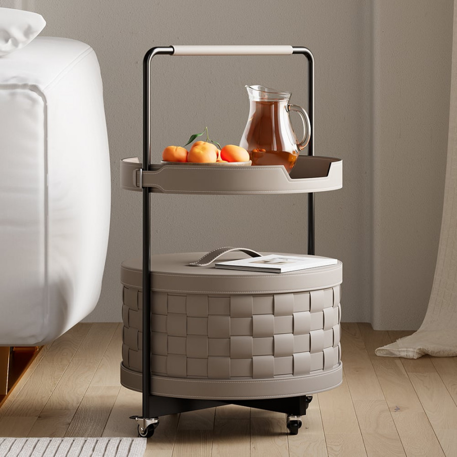 HMR - Modern 2-Tier End Table with Wheel & Tray Top Woven Leather Side Table with Storage
