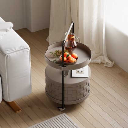 HMR - Modern 2-Tier End Table with Wheel & Tray Top Woven Leather Side Table with Storage