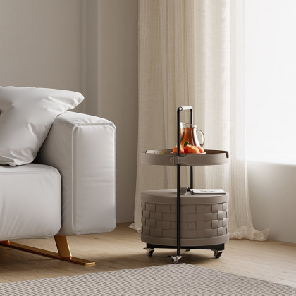 HMR - Modern 2-Tier End Table with Wheel & Tray Top Woven Leather Side Table with Storage