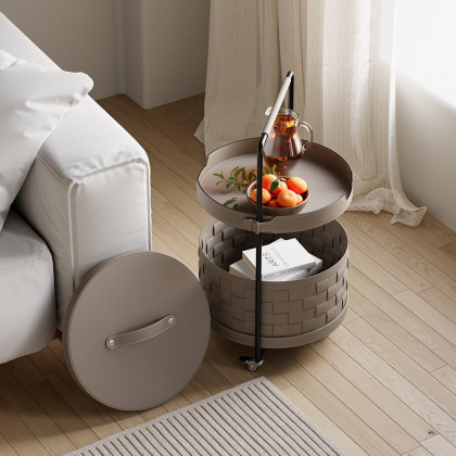 HMR - Modern 2-Tier End Table with Wheel & Tray Top Woven Leather Side Table with Storage