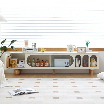 HMR - 82.7" Wood Off White Sliding Glass Door TV Stand with Arch Bookshelf & Natural Storage