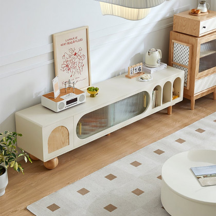 HMR - 82.7" Wood Off White Sliding Glass Door TV Stand with Arch Bookshelf & Natural Storage