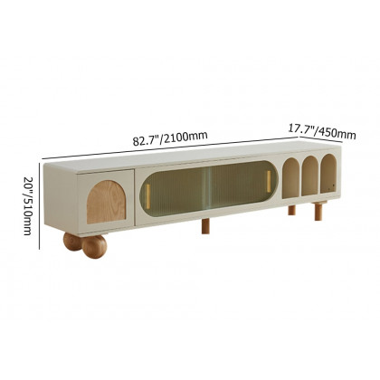 HMR - 82.7" Wood Off White Sliding Glass Door TV Stand with Arch Bookshelf & Natural Storage