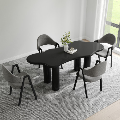 HMR Dining Set 70.9" Japandi Irregular Wood Dining Table Black with 4 Chairs - Black, Style C, With 4 Chairs