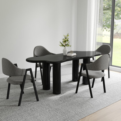 HMR Dining Set 70.9" Japandi Irregular Wood Dining Table Black with 4 Chairs - Black, Style C, With 4 Chairs