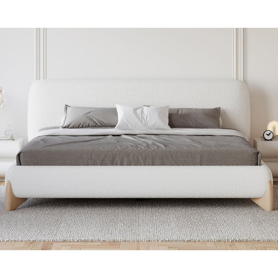 HMR Curva Boucle King Upholstered Platform Bed with Natural Legs - White, 76"W x 80"L, Natural