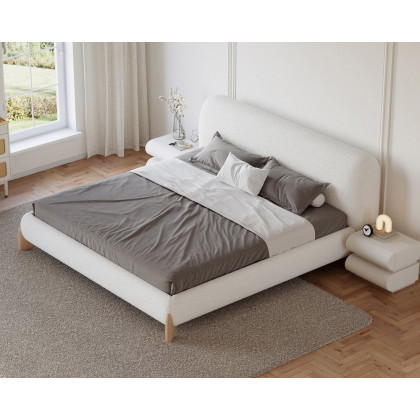 HMR Curva Boucle King Upholstered Platform Bed with Natural Legs - White, 76"W x 80"L, Natural