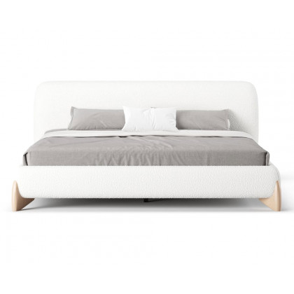 HMR Curva Boucle King Upholstered Platform Bed with Natural Legs - White, 76"W x 80"L, Natural