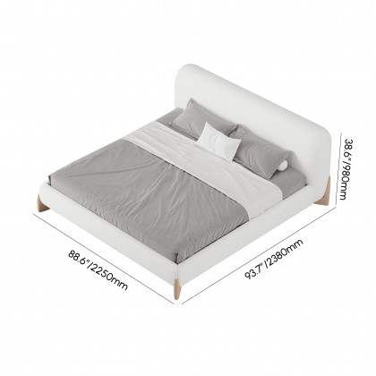 HMR Curva Boucle King Upholstered Platform Bed with Natural Legs - White, 76"W x 80"L, Natural