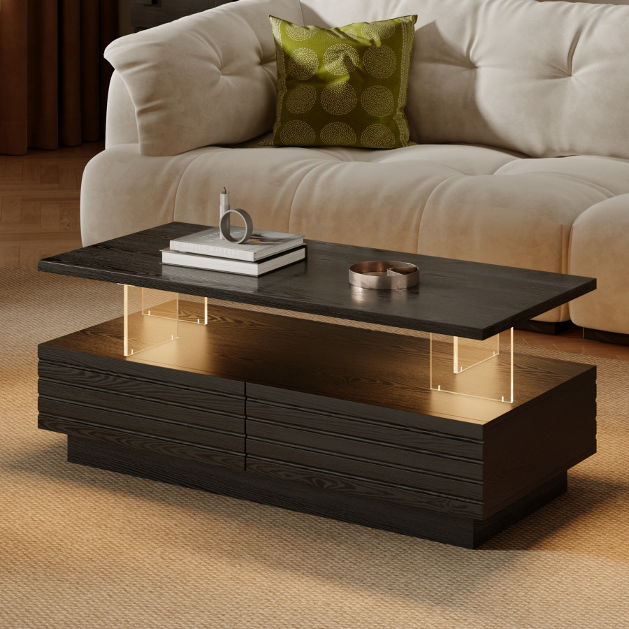 HMR - Lumoe 47" Modern Black Rectangular Acrylic LED Lights Coffee Table with Storage