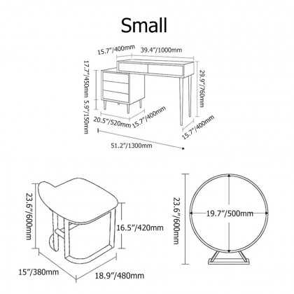 HMR Modern Makeup Vanity Set Retracted Dressing Table Cabinet & Stool & Mirror Included - White